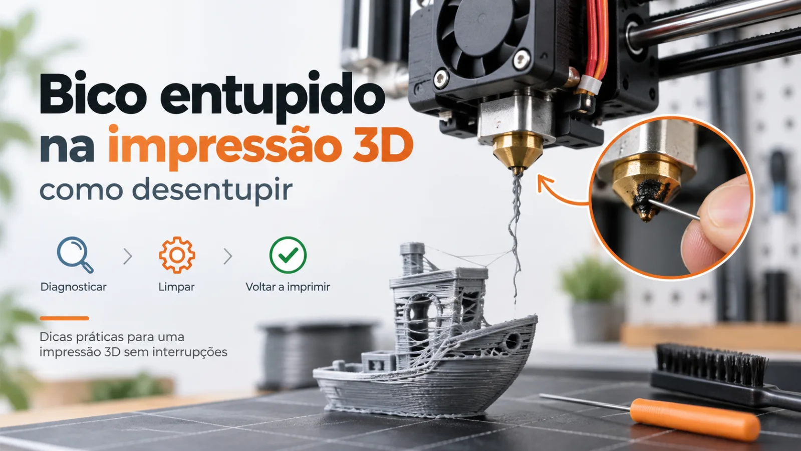 Bico entupido na impressão 3D causando falhas de extrusão, com destaque para o entupimento e o processo de limpeza do bico.