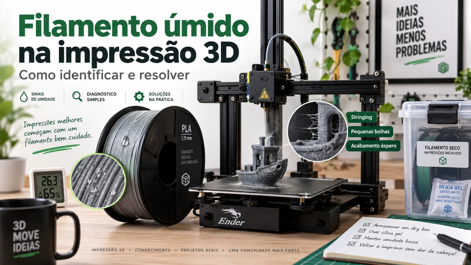 Filamento úmido na impressão 3D causando estalos, fios e falhas na peça, com destaque para armazenamento correto e controle da umidade.