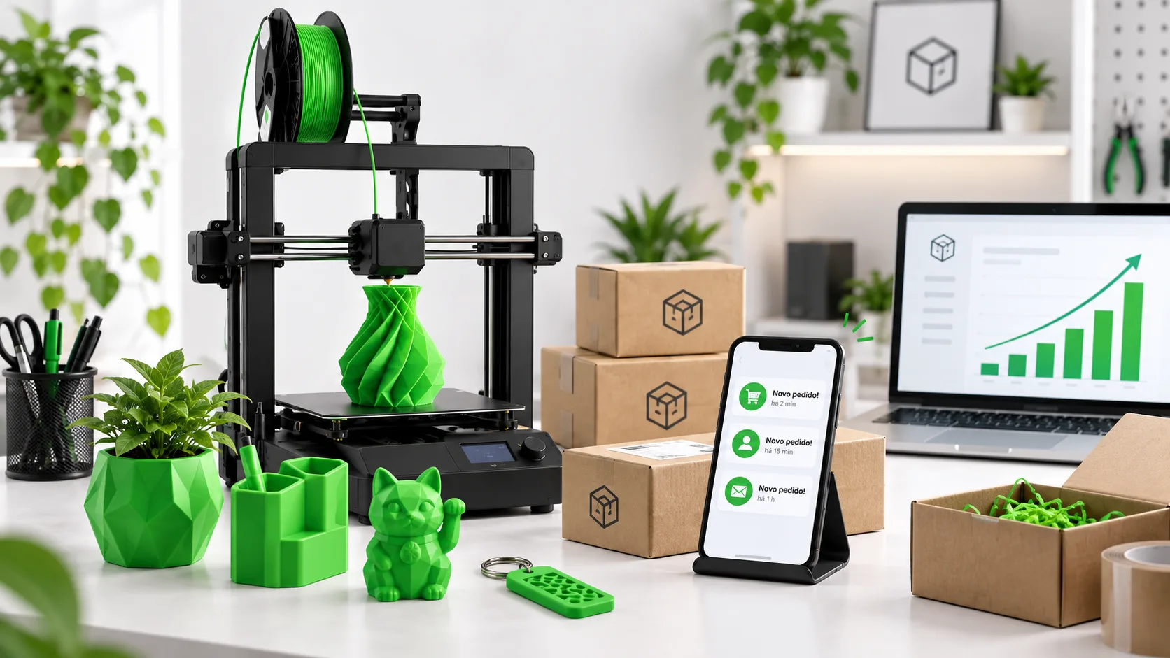 Impressora 3D produzindo peças personalizadas em um ambiente de trabalho com pedidos, embalagens e crescimento de vendas.