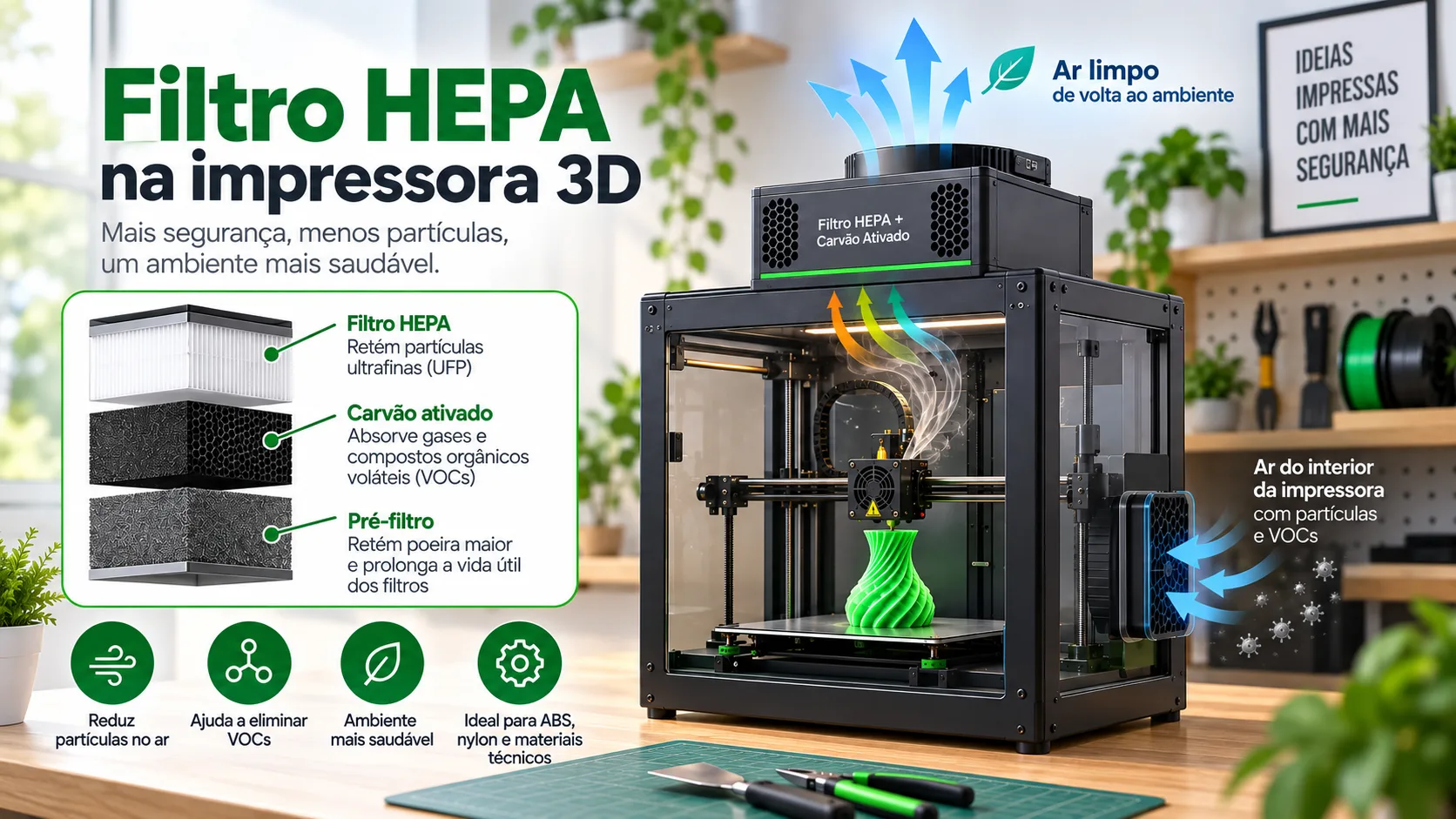 Sistema de filtragem com filtro HEPA e carvão ativado em impressora 3D, ajudando a reduzir partículas e compostos no ar.