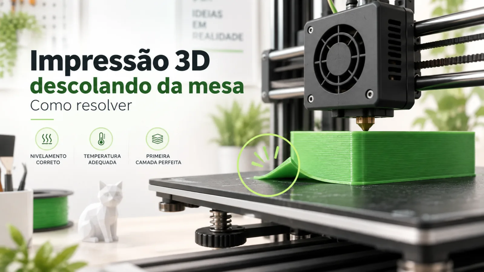 Impressão 3D descolando da mesa por falha na primeira camada, com canto da peça levantando durante a impressão.