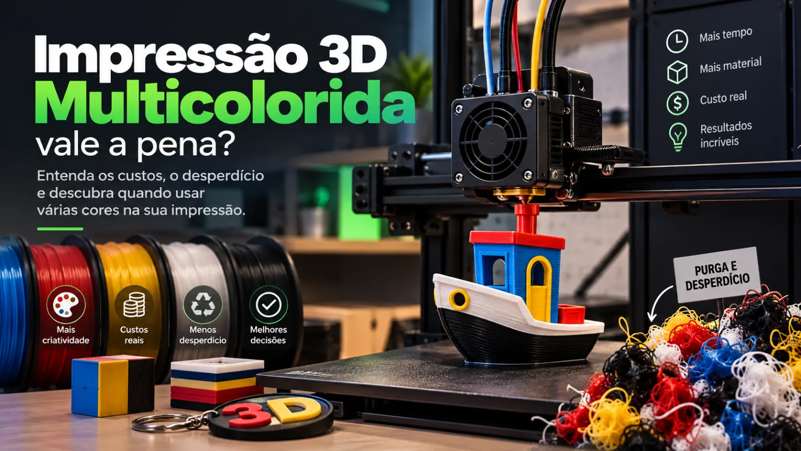 Impressora 3D multicolorida produzindo peça em várias cores, com bobinas coloridas e resíduos de purga que representam custo e desperdício de filamento.