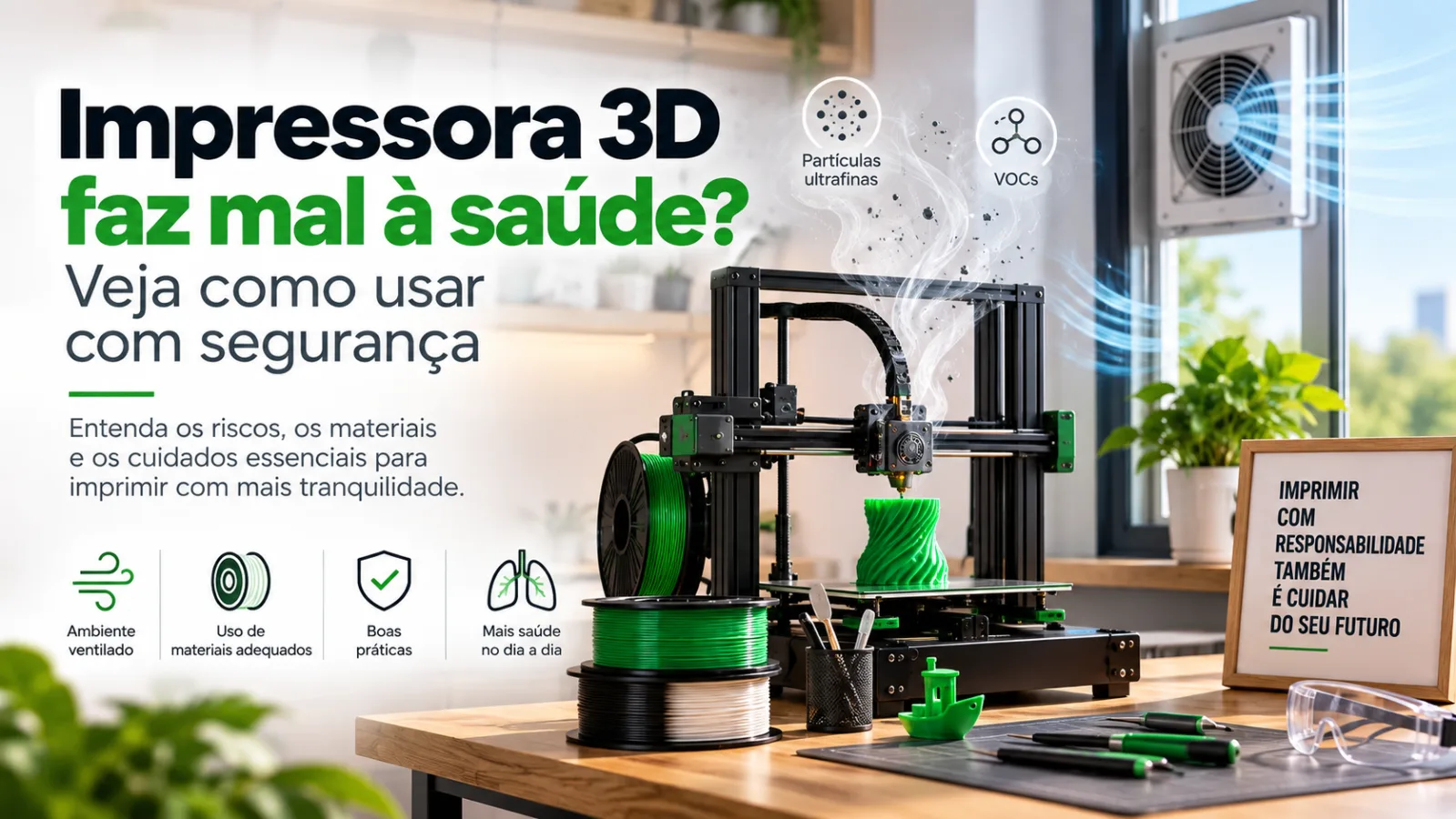 Impressora 3D funcionando em ambiente ventilado, com destaque para partículas no ar, segurança e boas práticas de uso.