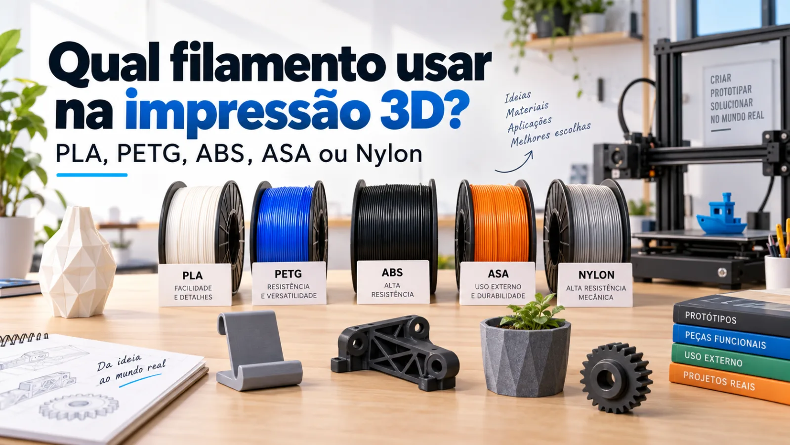 Filamentos PLA, PETG, ABS, ASA e Nylon ao lado de peças impressas em 3D para diferentes aplicações.