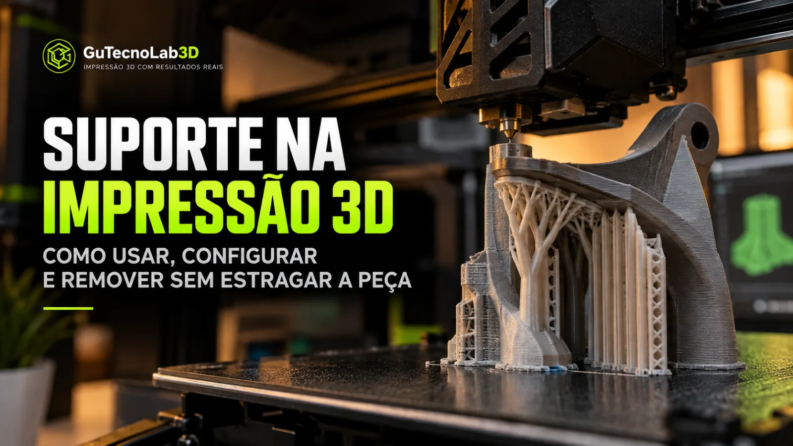 Suporte na impressão 3D sustentando áreas inclinadas de uma peça durante a fabricação